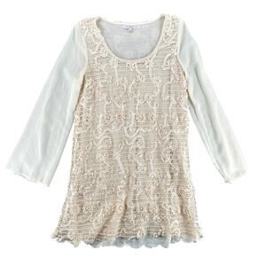 Blu-Pepper White and Cream Lace Crochet Shift Dress Long Sleeve Lined Sheer  S